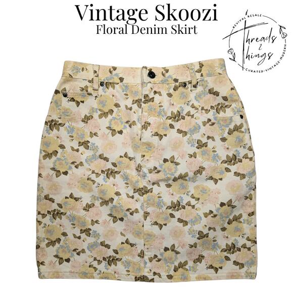 VTG Skoozi Denim Skirt Womens 6 Floral 90s Western Cowgirl Y2K Retro Preppy boho - Picture 1 of 12